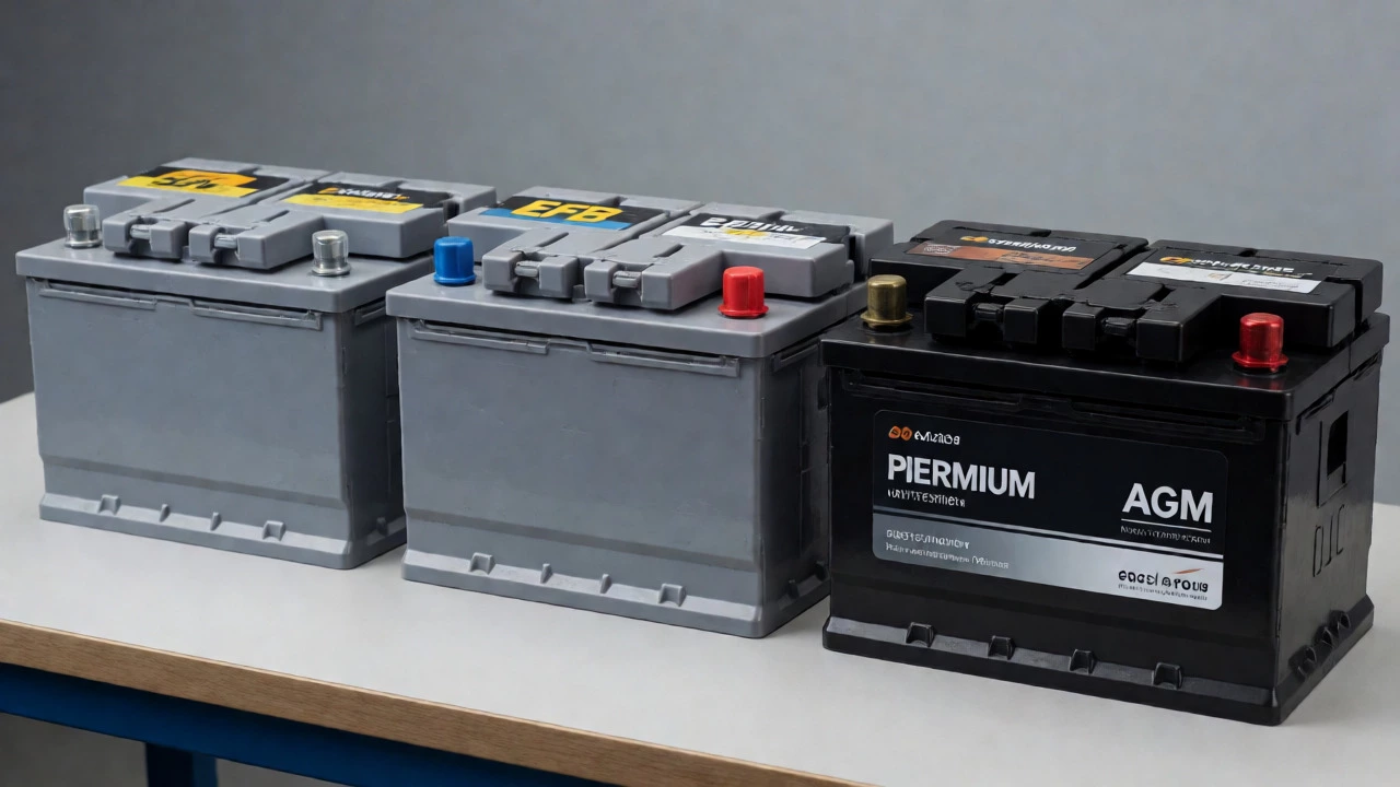 Three different types of car batteries displayed on a workbench