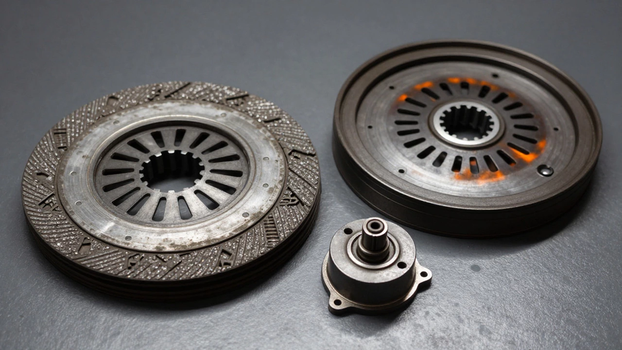 Worn clutch disc and grooved flywheel on a mechanic's workbench