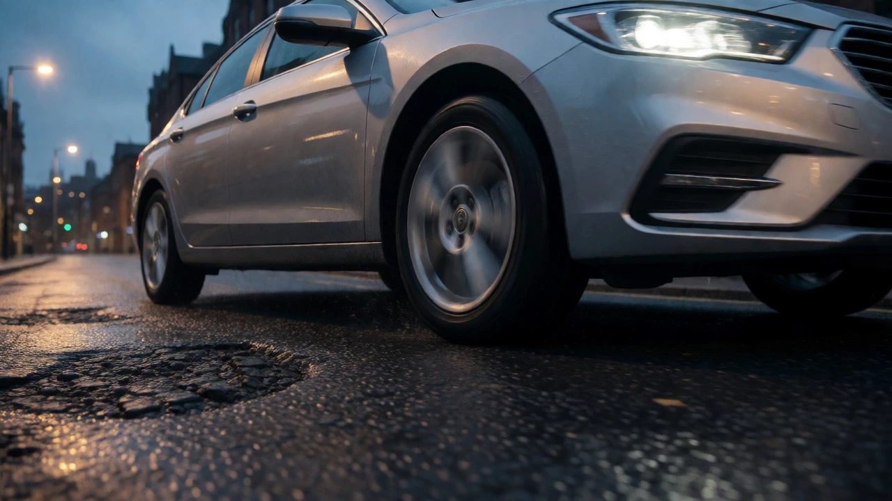 Car hitting a pothole demonstrating worn suspension handling