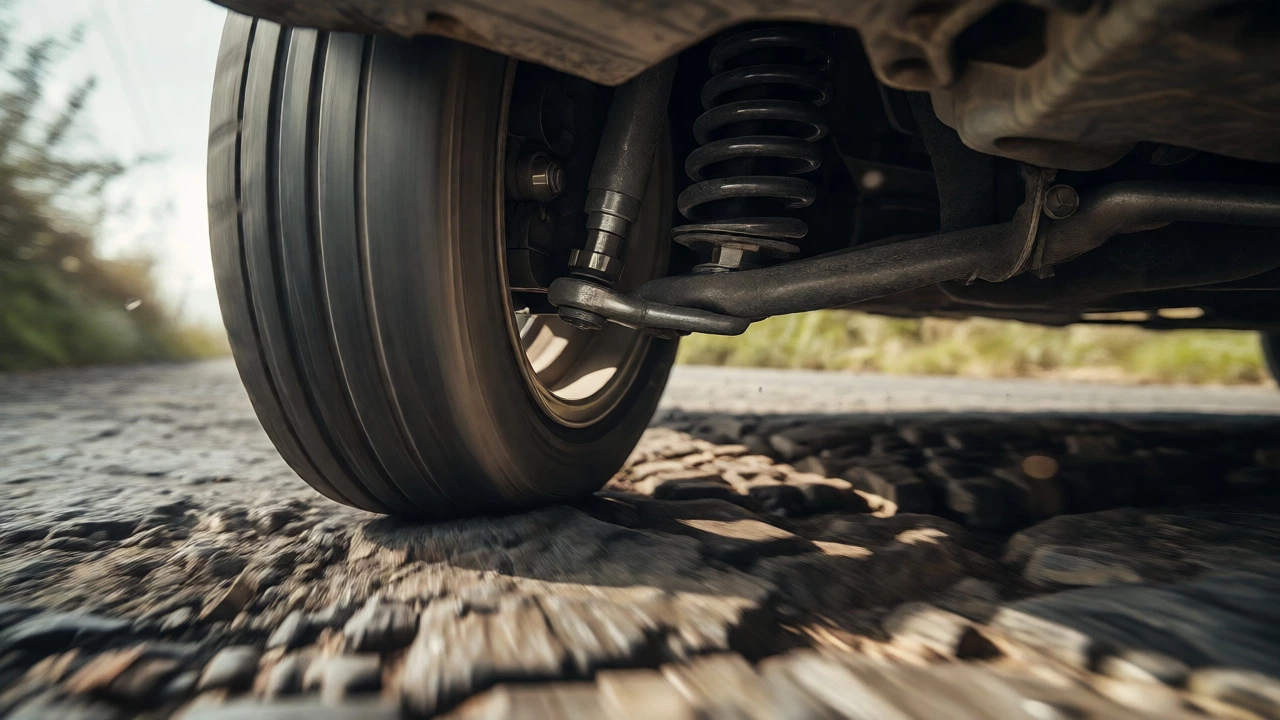 Car suspension absorbing impact from a pothole on a rough road.