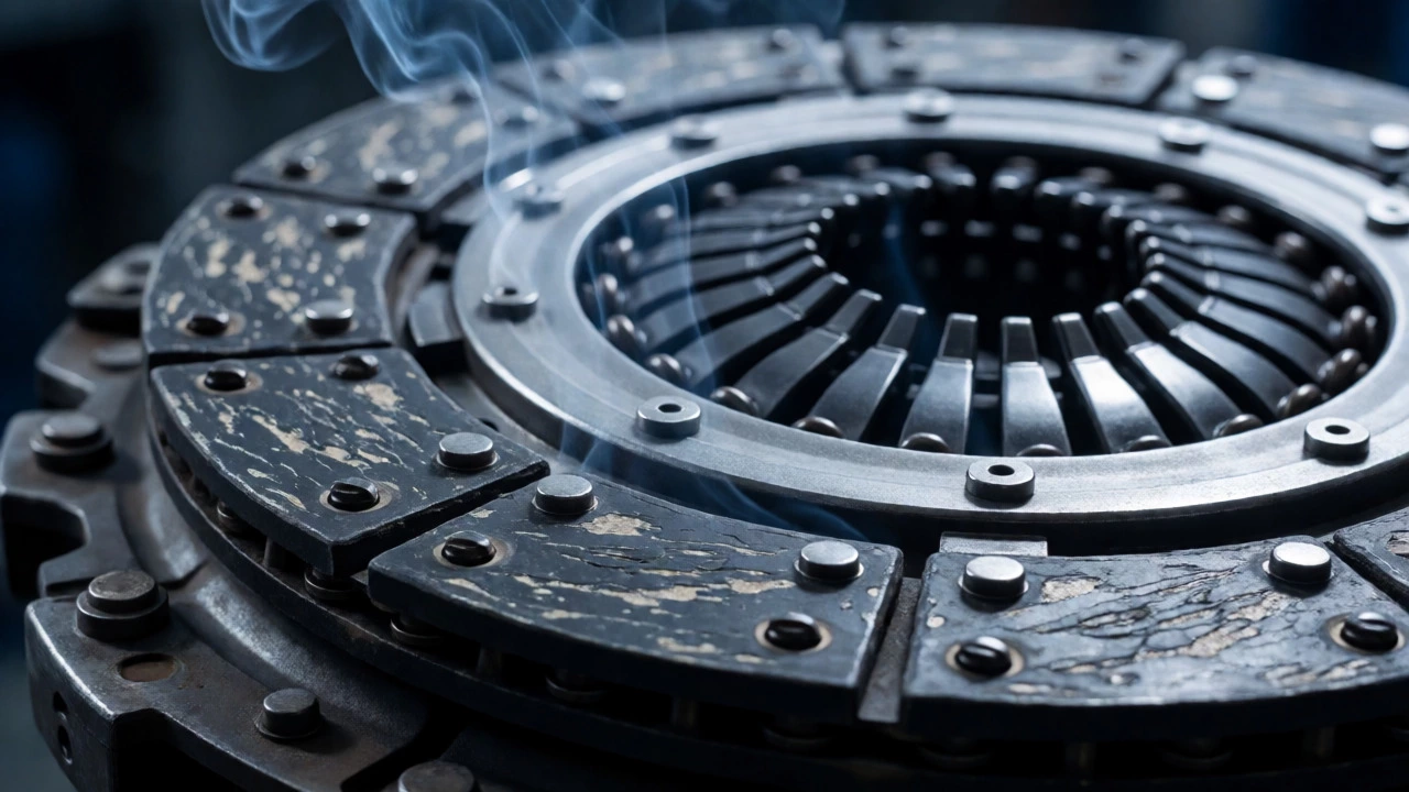 Close-up of a worn clutch disc with thinning friction material