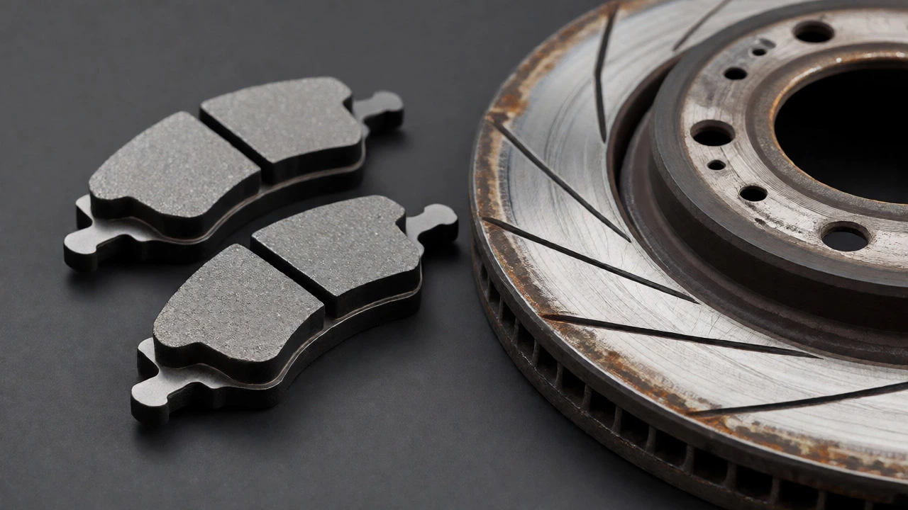 Comparison of new brake pads against a heavily worn, damaged brake rotor.