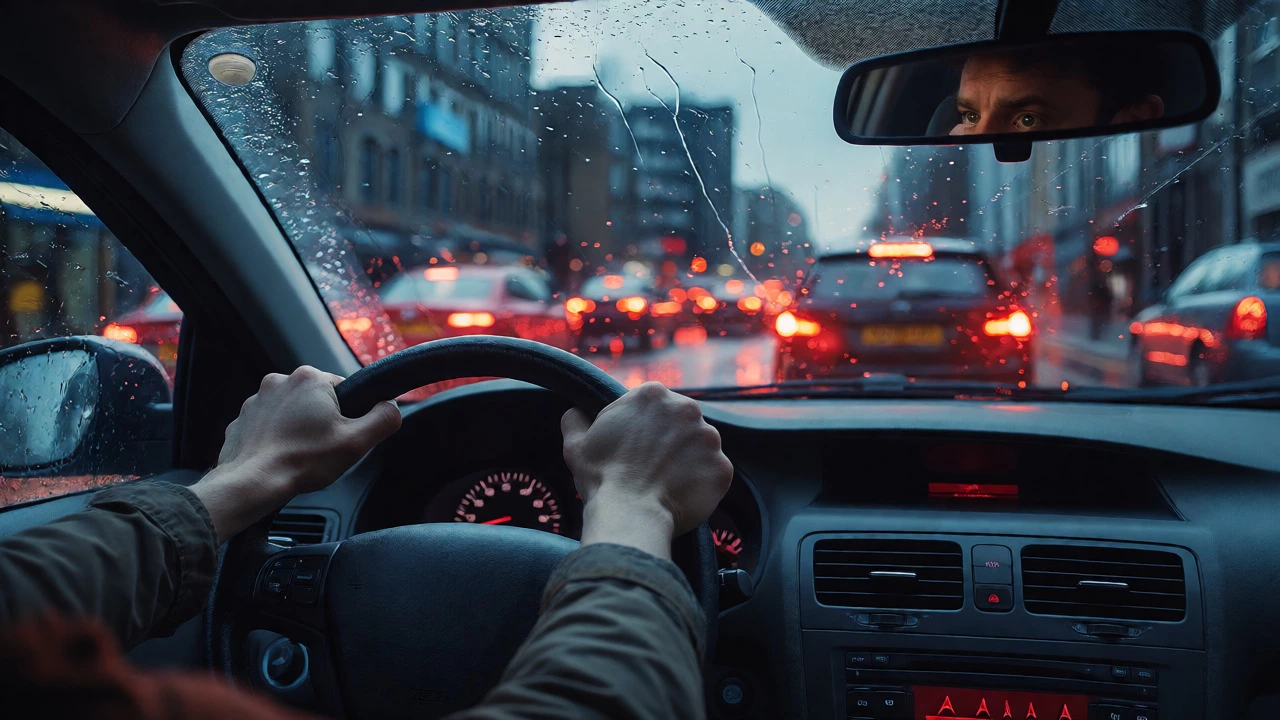 Driver gripping steering wheel tightly while braking in rainy UK city traffic.