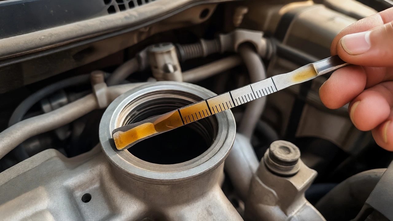 Hand checking low engine oil level on a dipstick