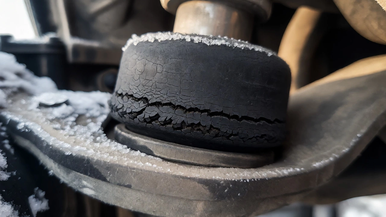 Macro view of a cracked, dry control arm bushing covered in light frost.