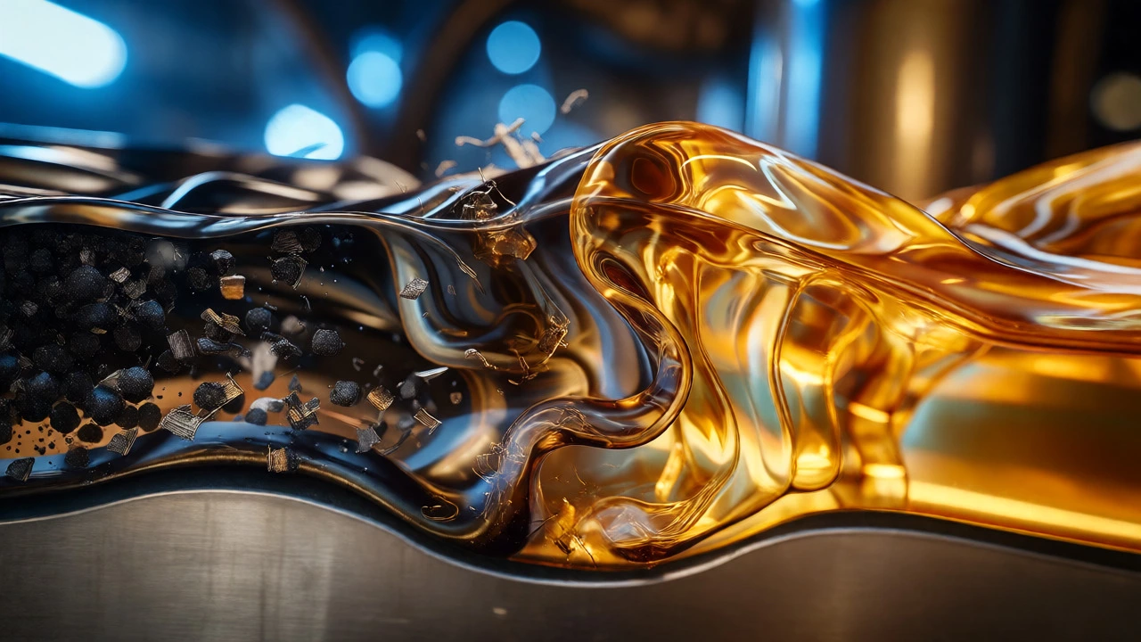 Macro view of dark used oil mixing with clean gold synthetic oil