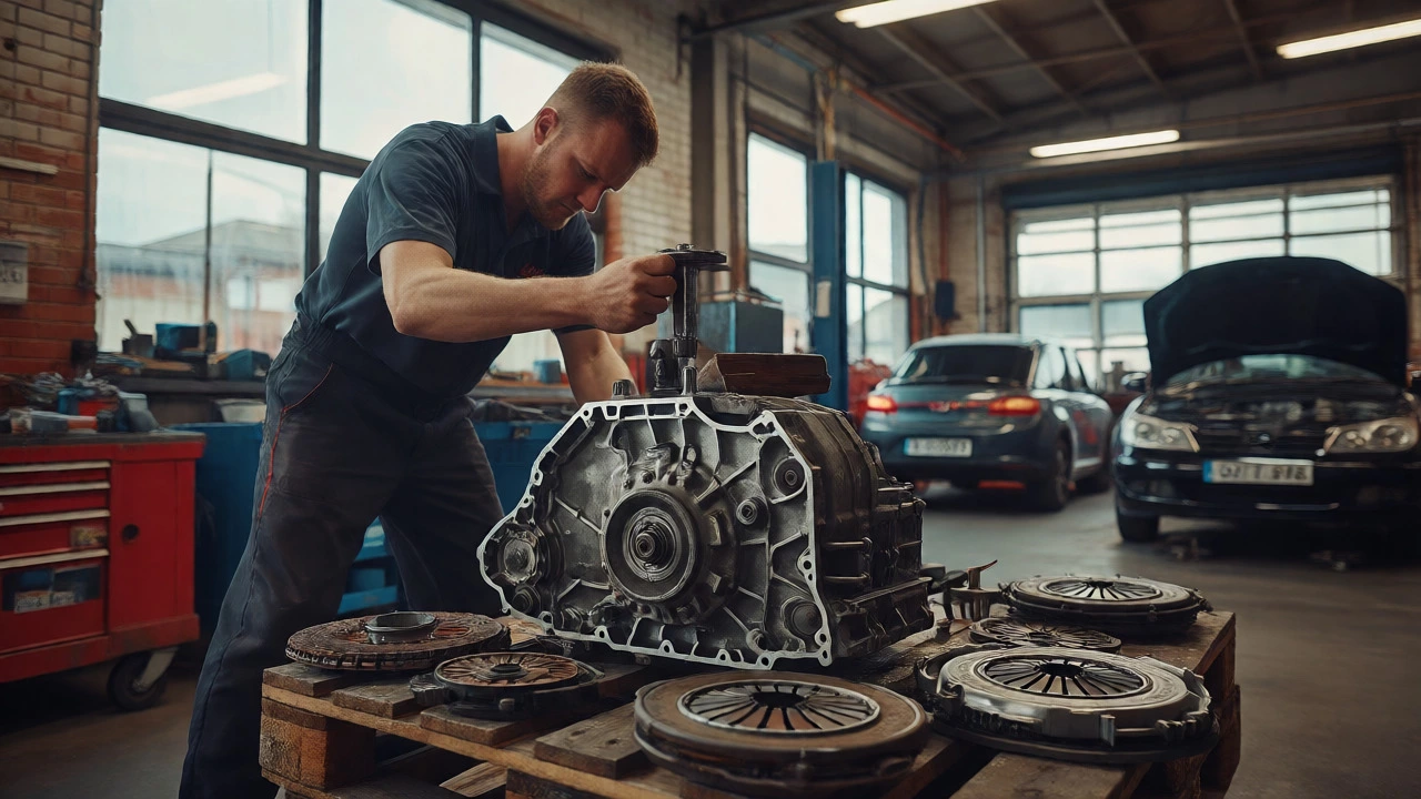 Mechanic handling heavy gearbox and old clutch parts