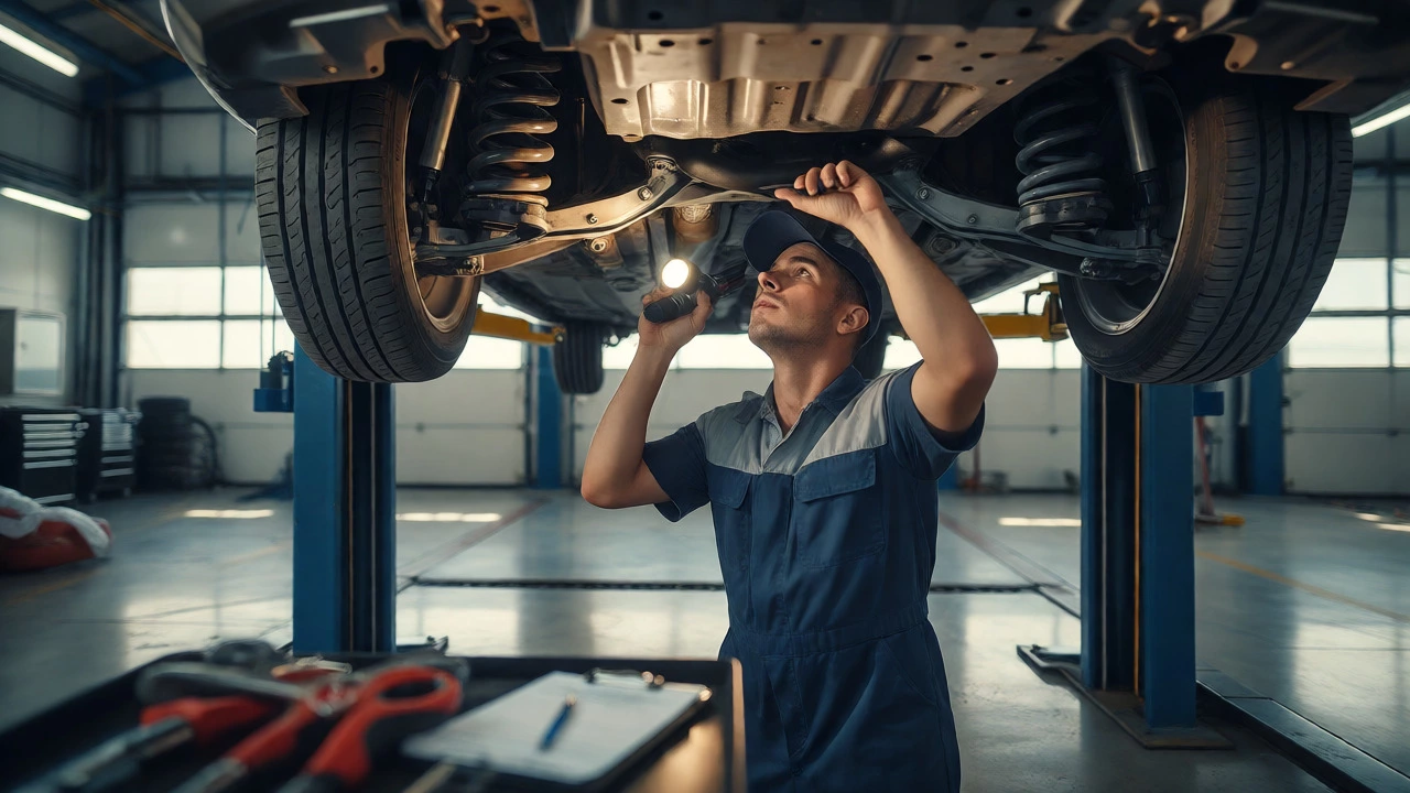 Mechanic inspecting car suspension components under a lift with a flashlight.