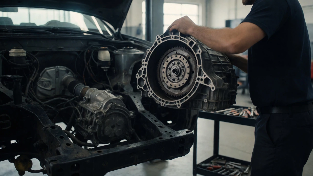 Mechanic removing a transmission gearbox for clutch replacement