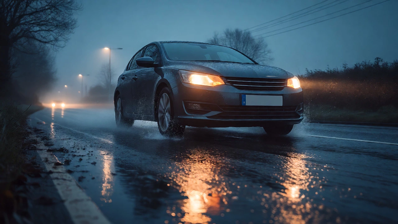 Modern hatchback accelerating smoothly on a wet road at dawn in the UK.