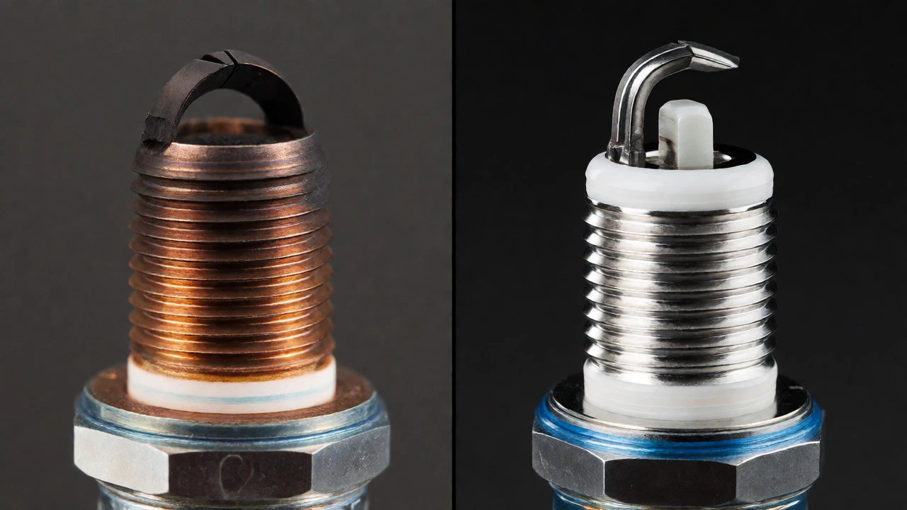 Side-by-side comparison of a dirty old spark plug and a clean new iridium plug.