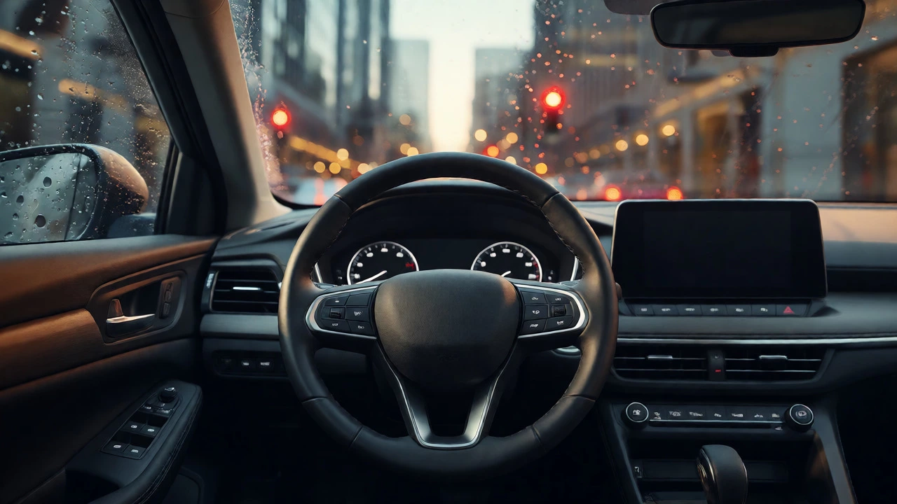 Smooth steering wheel inside a stationary car representing steady idle