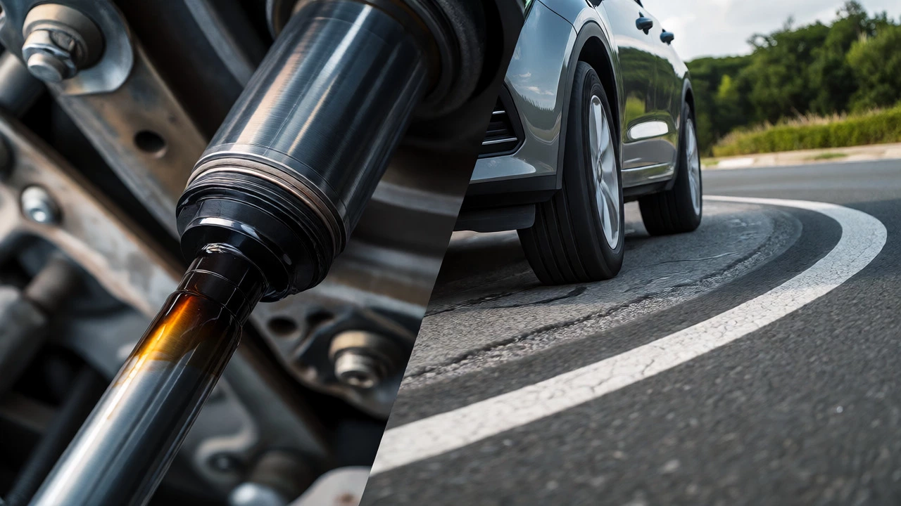 Split view showing leaking shock absorber and car turning safely.