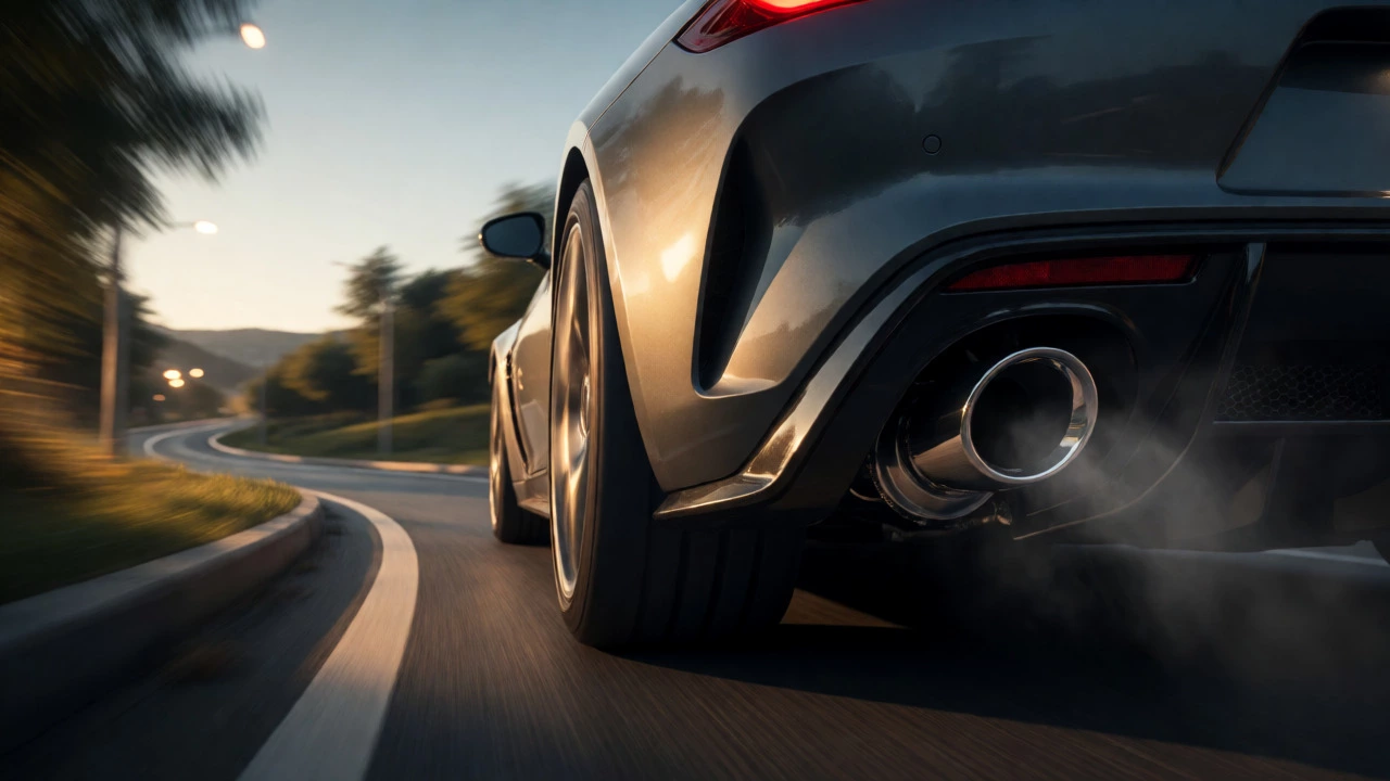 Turbocharged sports car with straight-pipe exhaust driving at sunset.