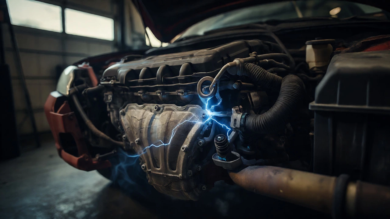 Blue electrical arcing visible around a spark plug coil boot in a dimly lit garage.