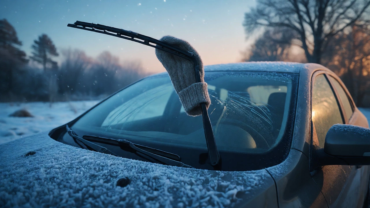 Car wiper lifted and covered with a sock to prevent freezing in winter