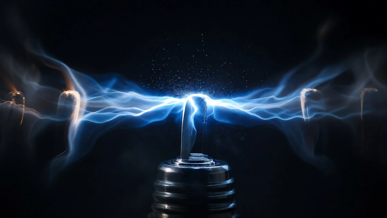 Close-up of a bright blue spark firing from an electrode