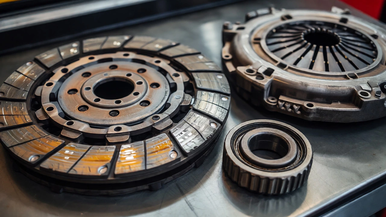 Close-up of worn clutch friction disc, pressure plate, and release bearing on a workbench.