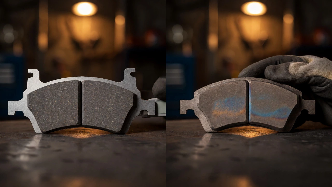 Comparison of new and old brake pads being measured by a mechanic