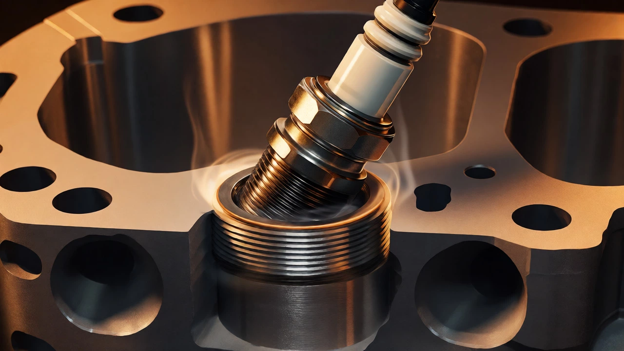 Cross-section view of a spark plug cross-threaded into a soft aluminum cylinder head.
