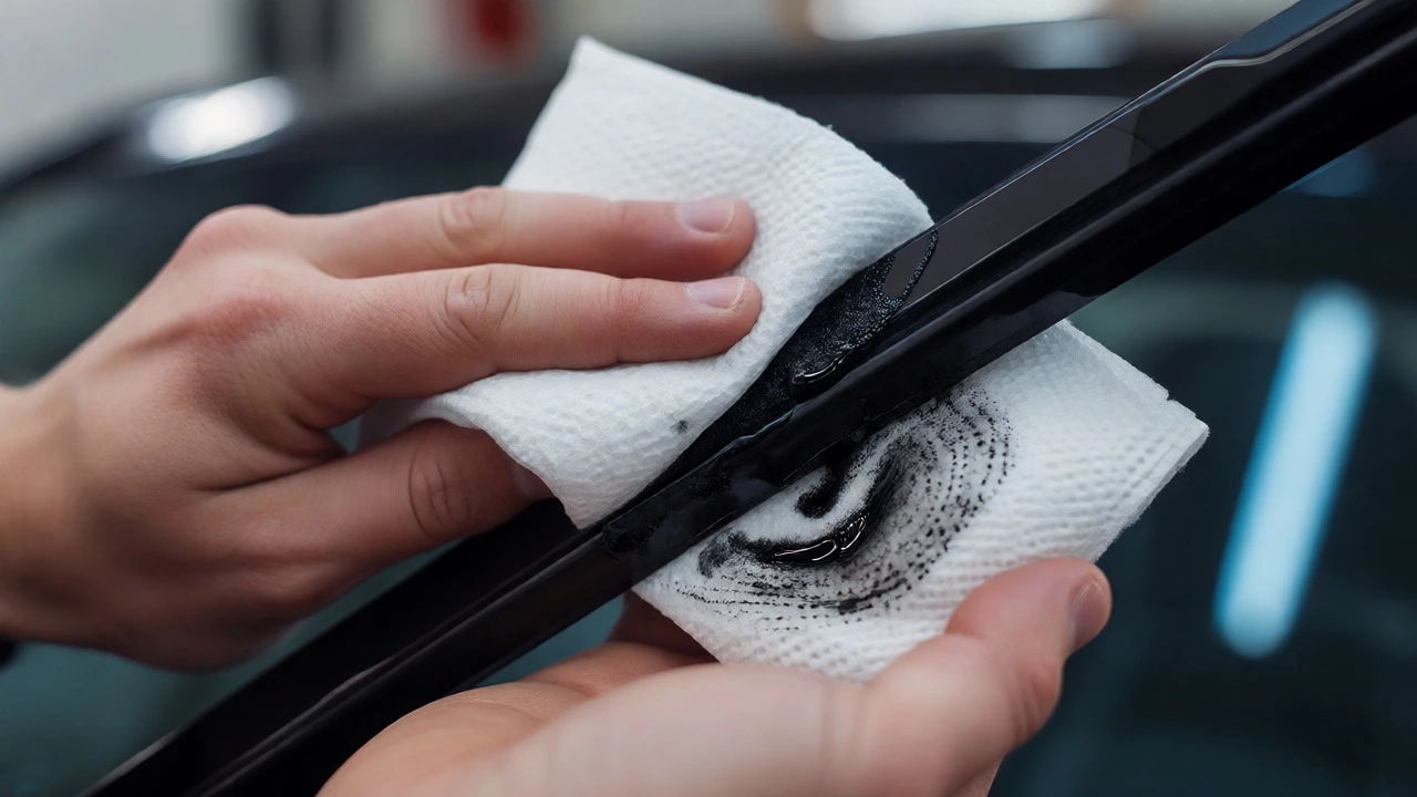 Hands wiping black grime off a wiper blade with an alcohol-dampened cloth