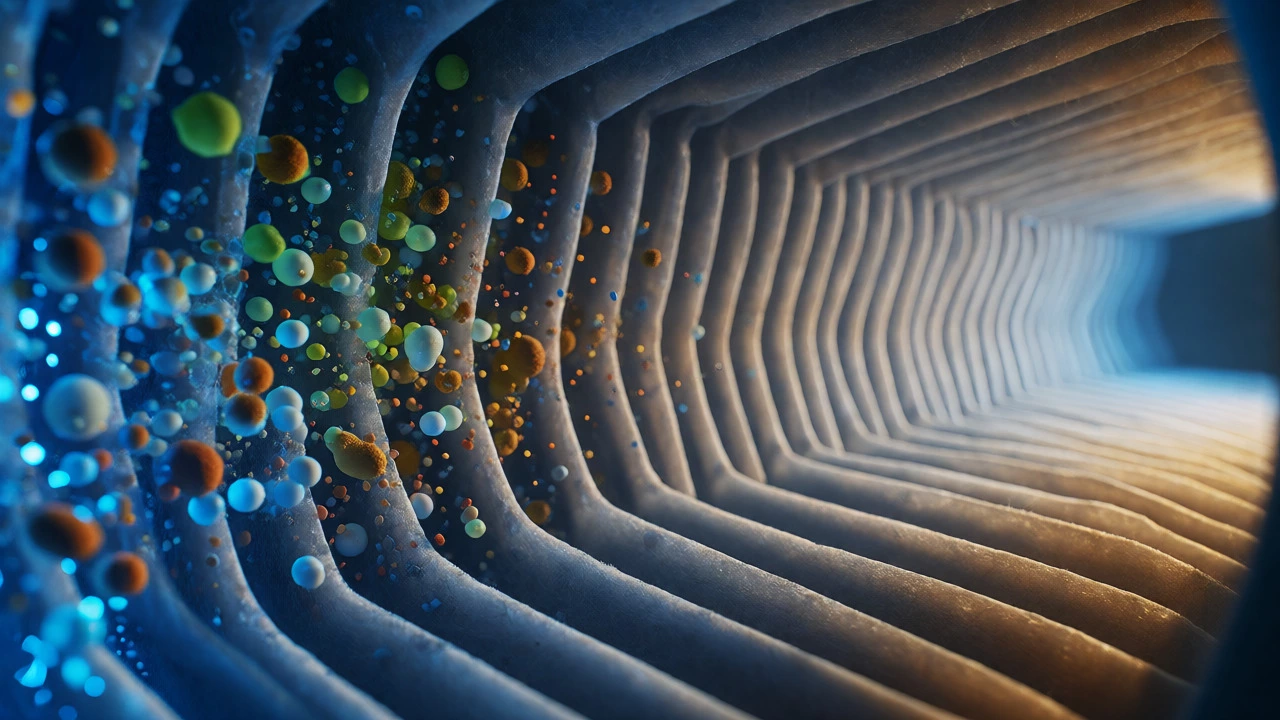 Macro view of particles being trapped by an HVAC filter while clean air passes through