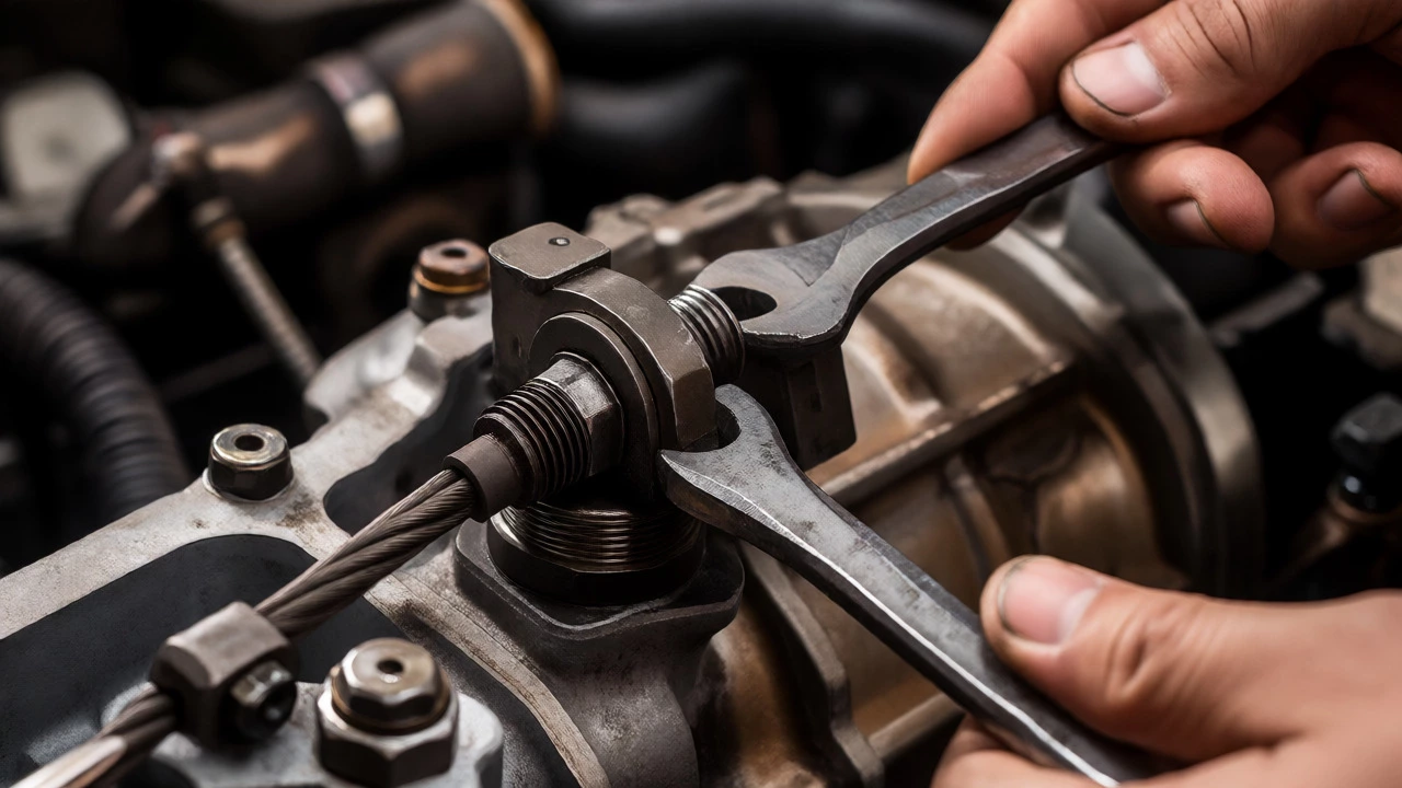 Mechanic adjusting a clutch cable with wrenches