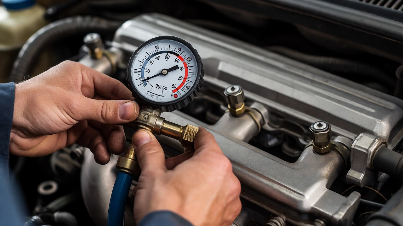 Mechanic checking fuel pressure with a gauge on an engine