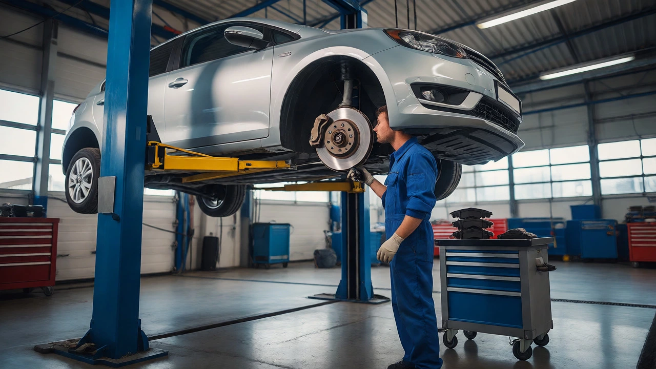 Mechanic inspecting brakes on a lifted car in a repair shop