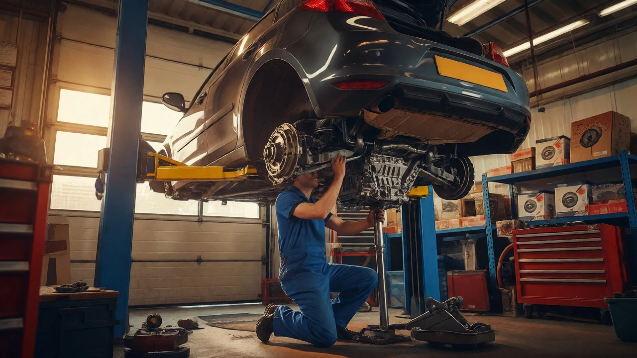 Mechanic removing a gearbox from a lifted car in a professional auto repair shop.