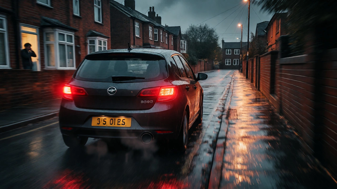 Modified hatchback with straight pipe exhaust driving through a rainy Manchester street