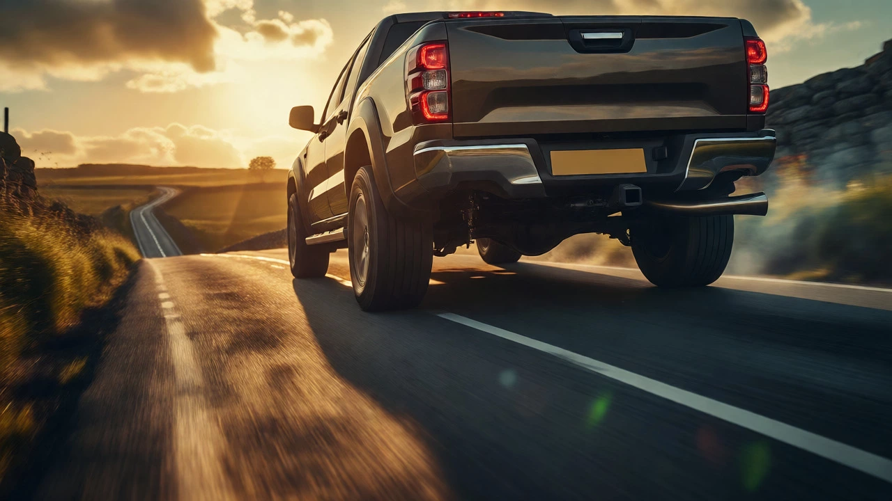 Pickup truck towing a heavy trailer uphill at sunset