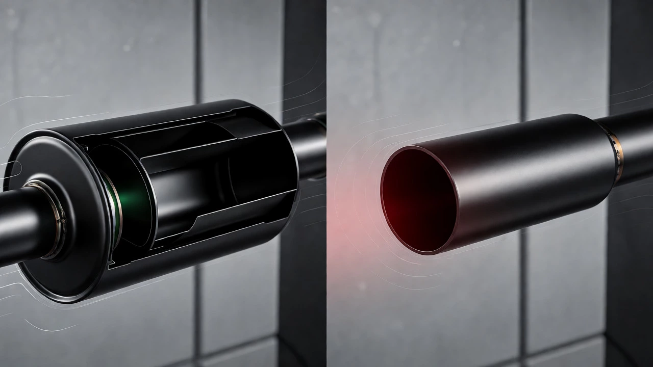 Side-by-side comparison of a baffle-filled muffler and an open straight pipe exhaust