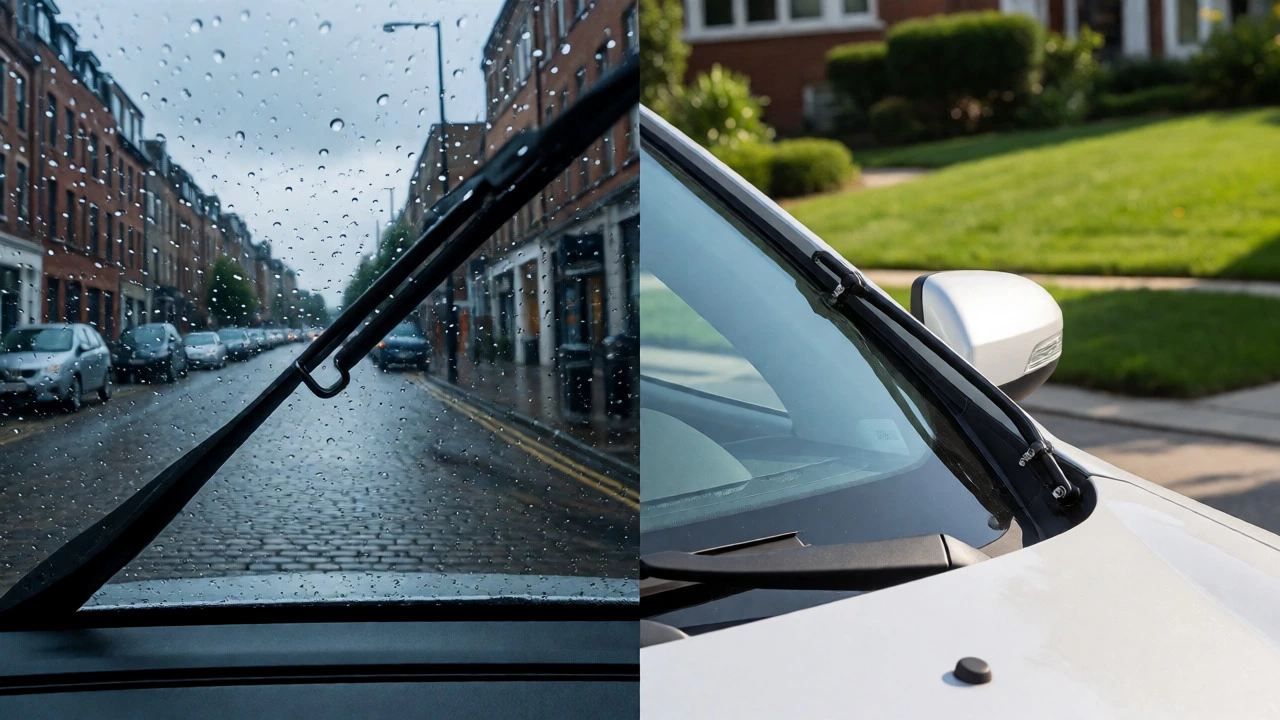 Split view of wipers on cars in UK rain vs US sun