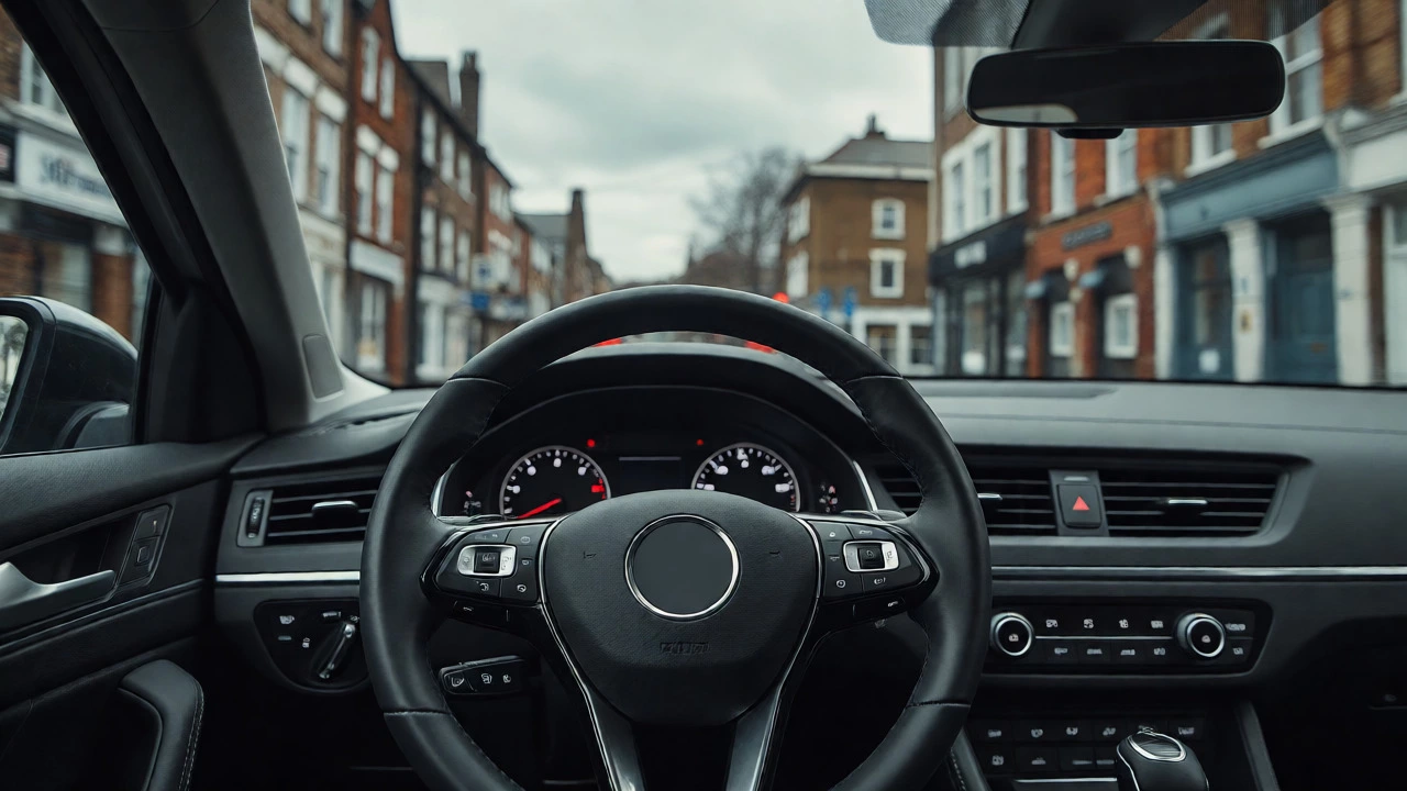 Steady steering wheel inside a car showing smooth idle
