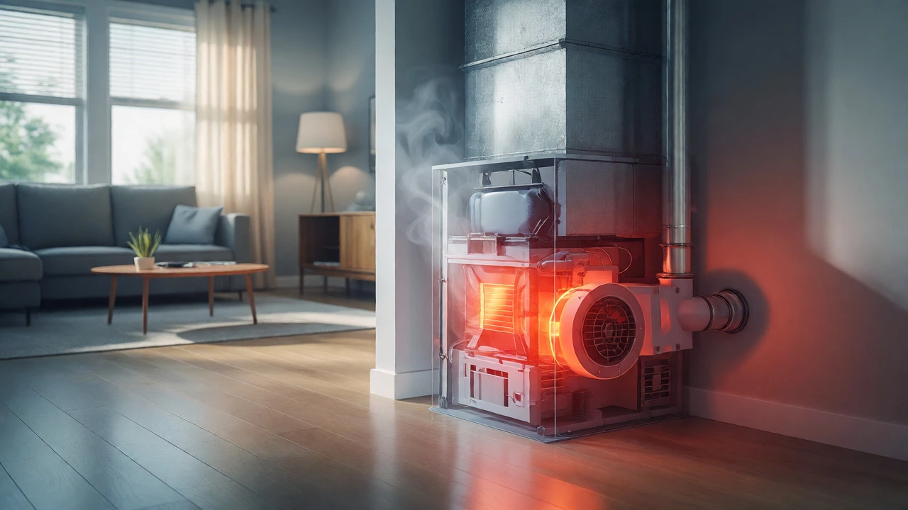 Stylized furnace glowing red from overheating due to restricted airflow in a living room
