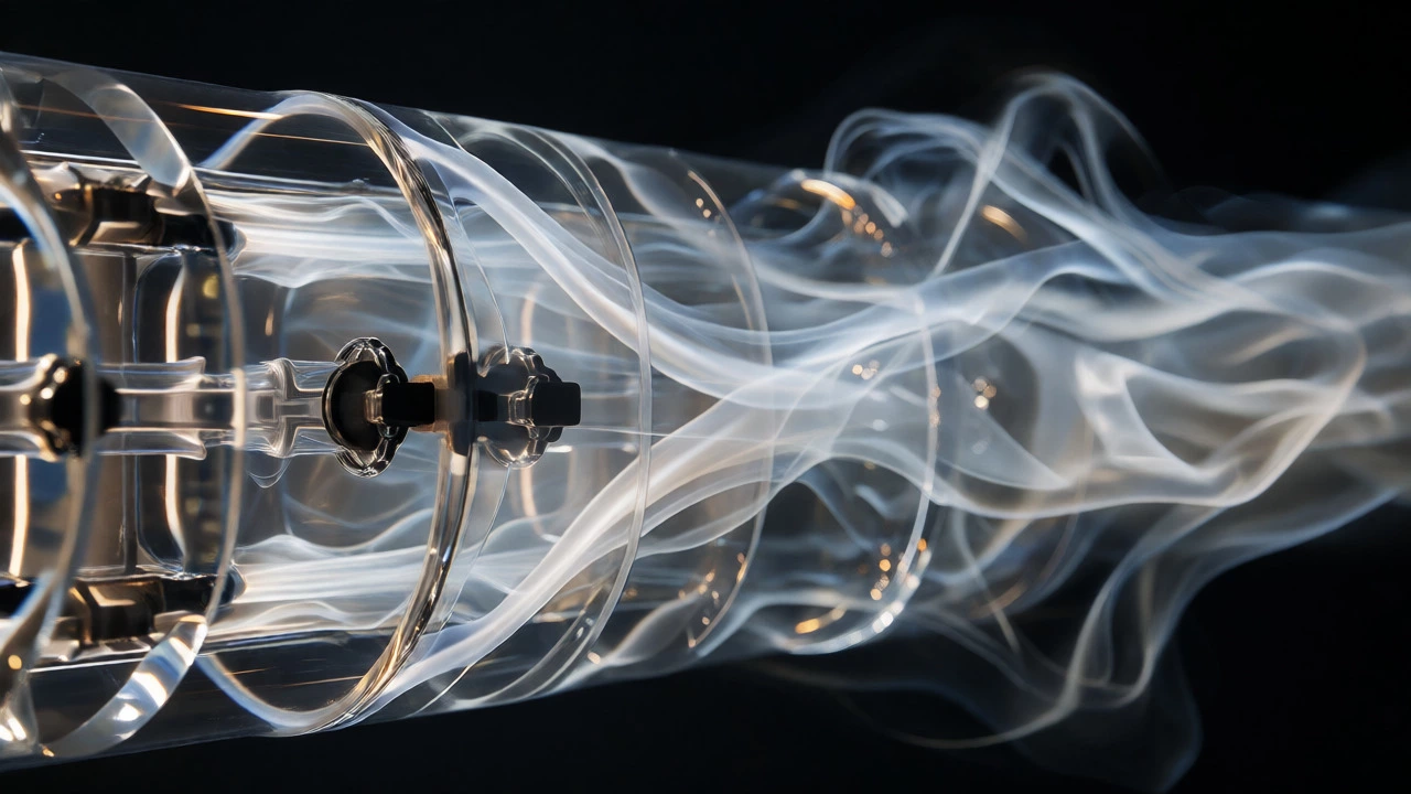 Transparent cylinder head model showing exhaust gas flow and scavenging