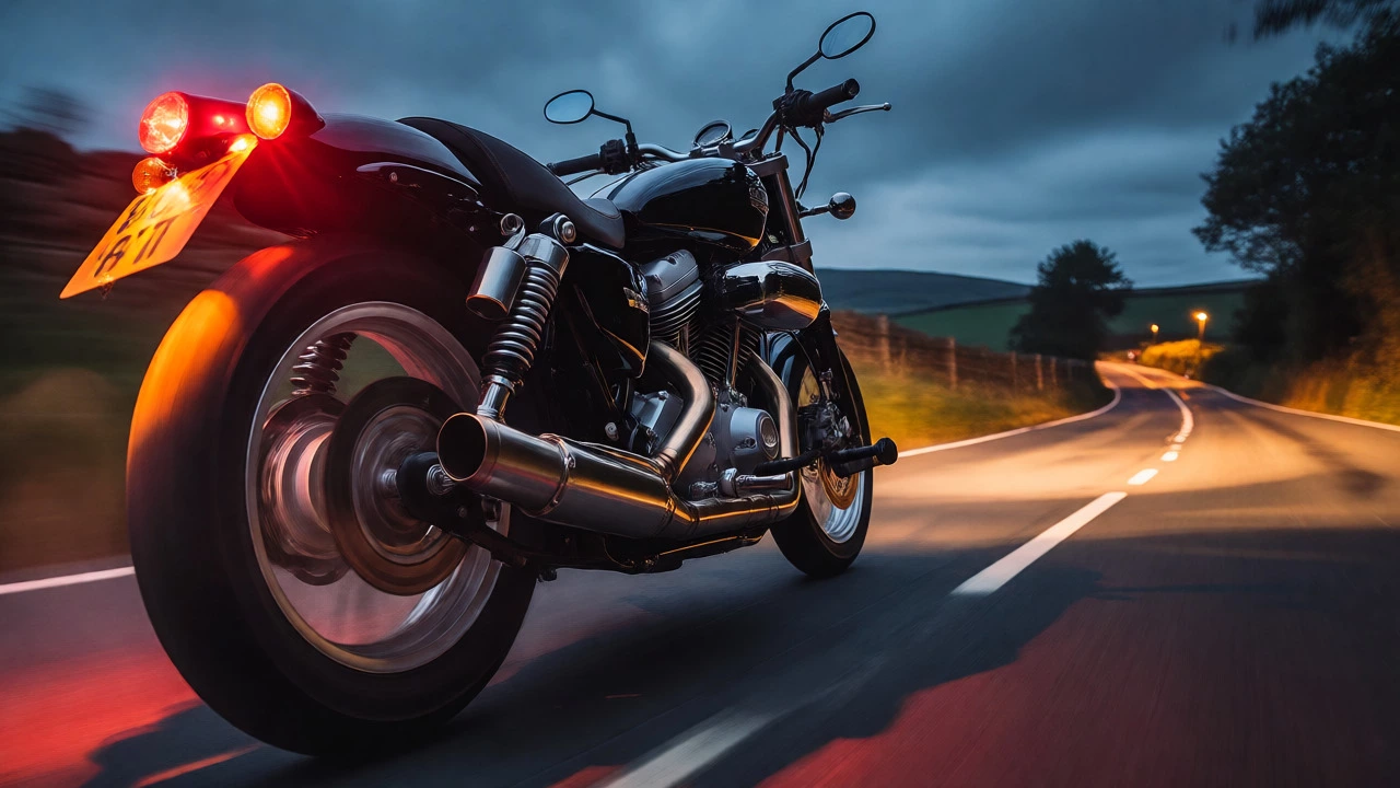 V-twin motorcycle riding fast on a country road at dusk with custom exhaust