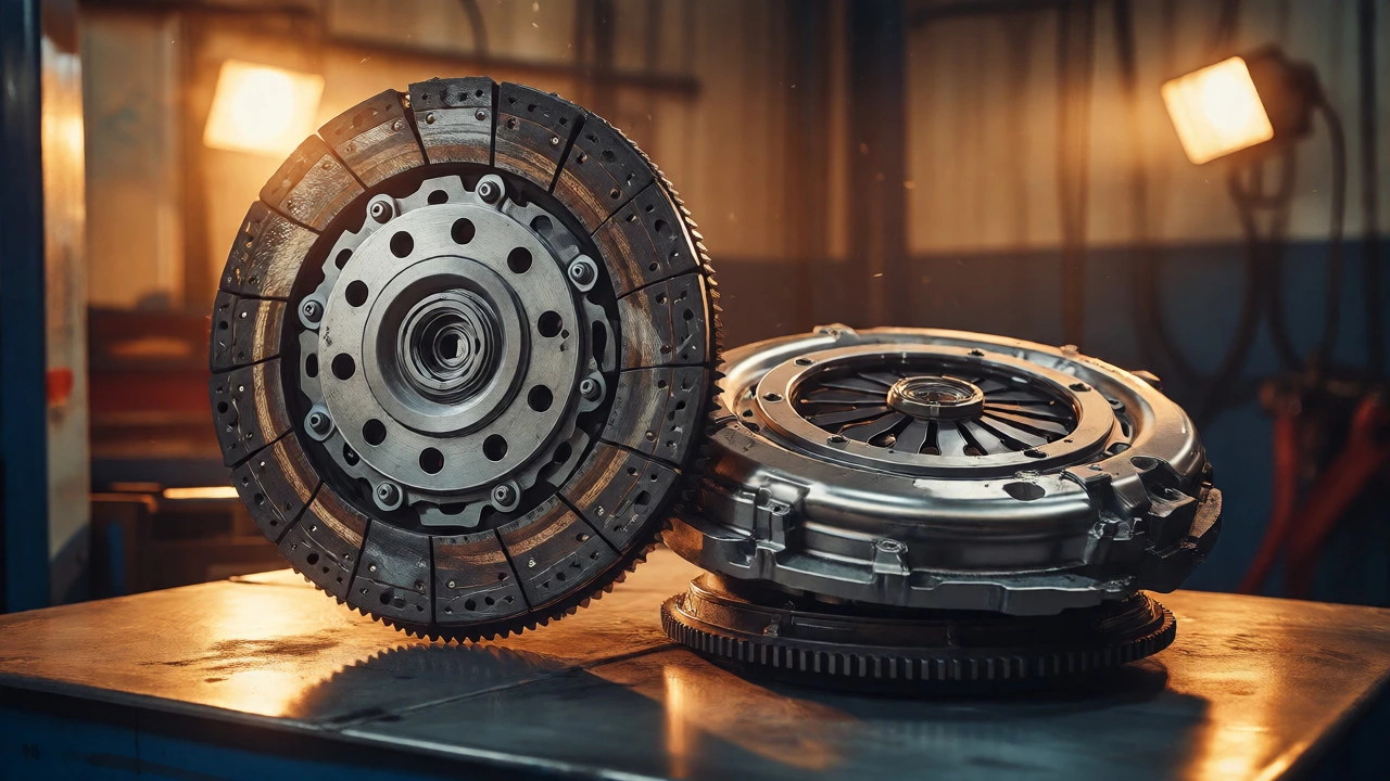 Worn clutch friction disc next to a new pressure plate on a lift